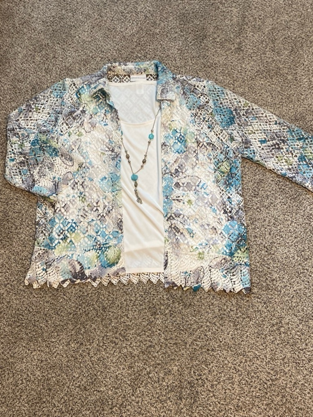 Alfred Dunner White Top with Multicolored Lace Cardigan and Matching Necklace